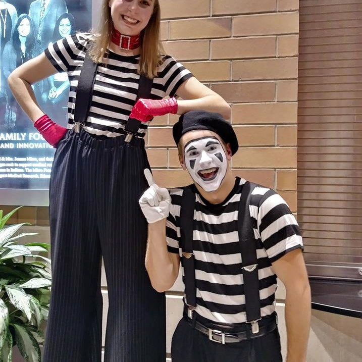 mime entertainment; stilt walking entertainment; themed entertainment